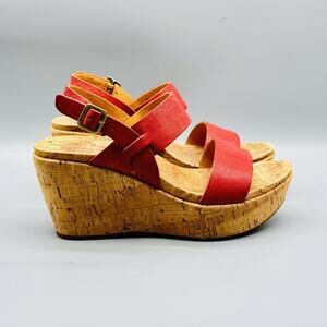 Kork Ease Sandals Womens 7 Red Leather Cork Wedge Platform Ankle Buckle Strap